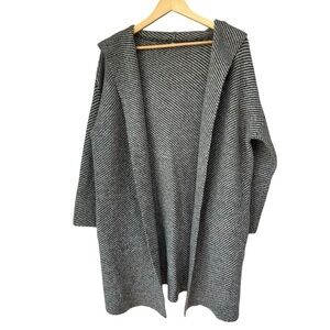 Gray and White Herringbone Knit Long Sweater Coat Cardigan with Hood, Large